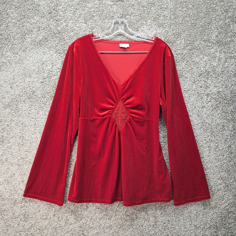 Mimi Maternity Red Velvet Empire Waist Bell Sleeve Blouse Top Large 8387